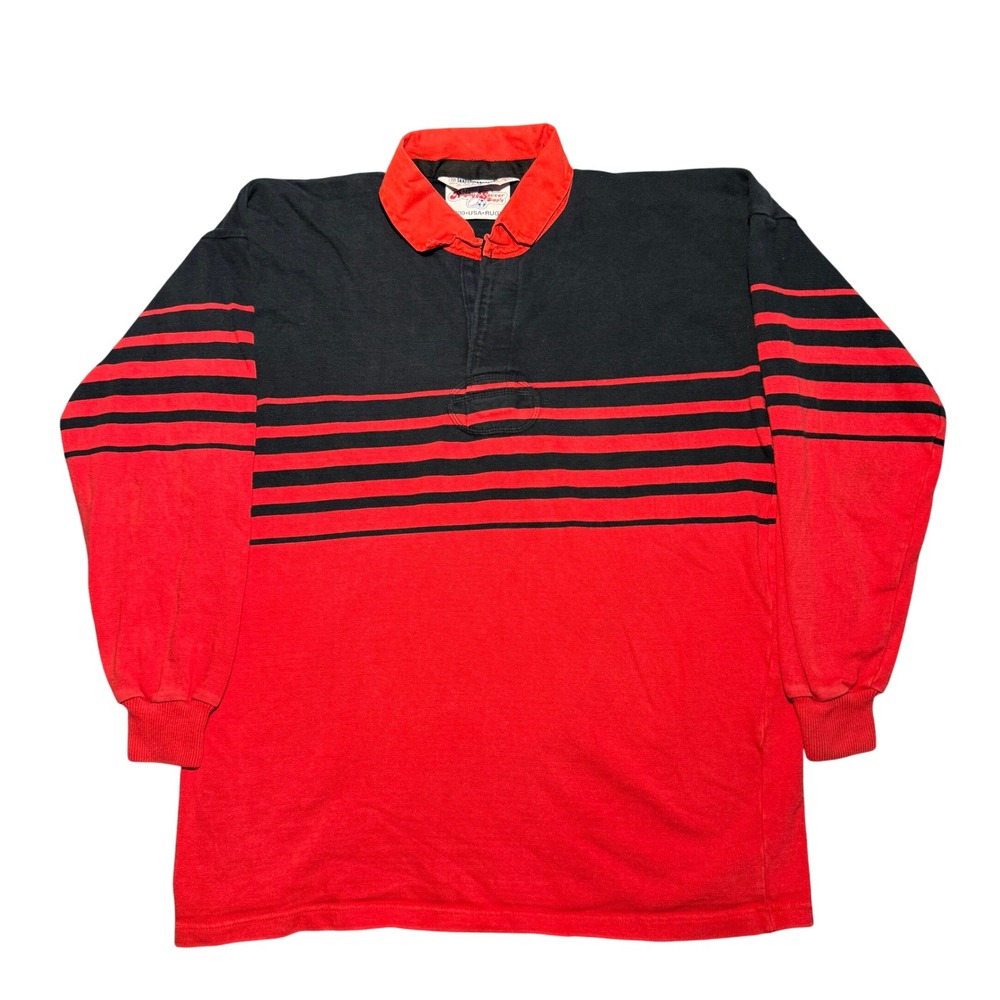 Vintage Maxmore Rugby Shirt XL Red Black Striped Long Sleeve Cotton Jersey
